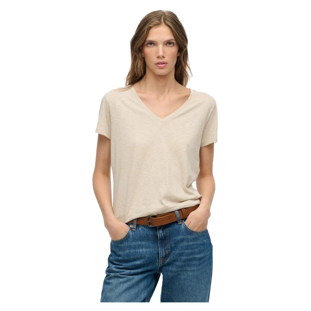 SUPERDRY STUDIOS SLUB EMB VEE TEE - Beige - immagine principale
