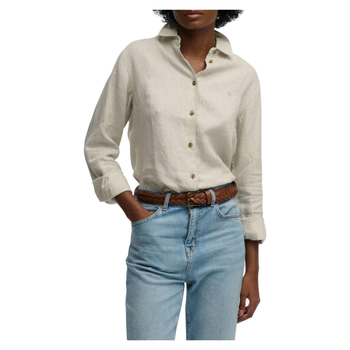 SUPERDRY LINEN BOYFRIEND SHIRT - Beige - vista 3