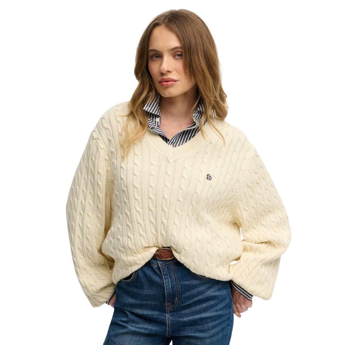 SUPERDRY OVERSIZED CABLE V JUMPER - Beige - immagine principale